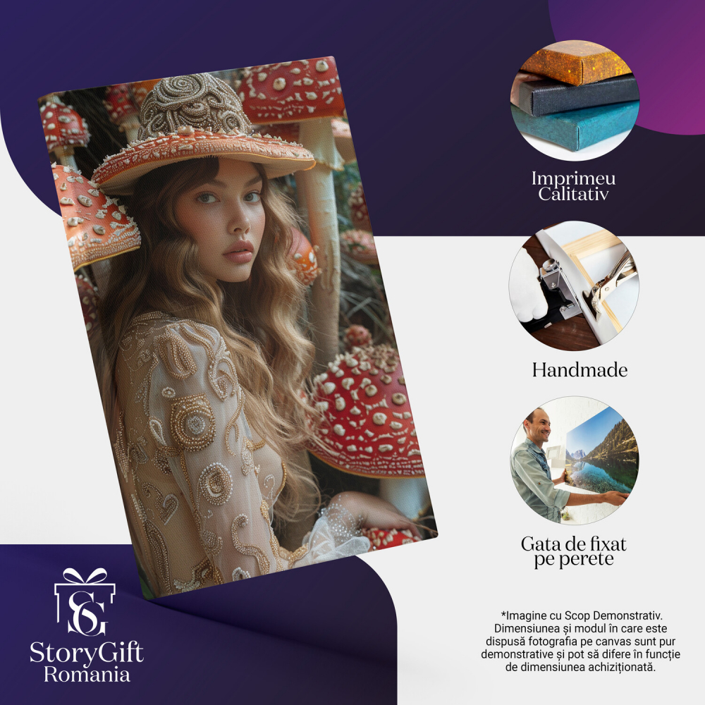 Tablou Canvas Fata cu Palarie și Ciuperci Roșii Gigantice | Pictură Digitală cu Rochie și Păr Ondulat, Marime 40x25CM [2]