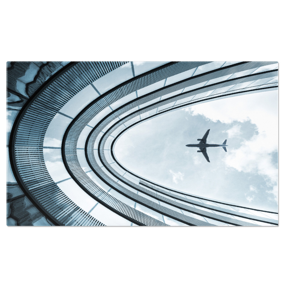 Clădire Modernă cu Avion Aterizând: Fuzionarea Arhitecturii și Călătoriei, Marime 40x25CM [1]