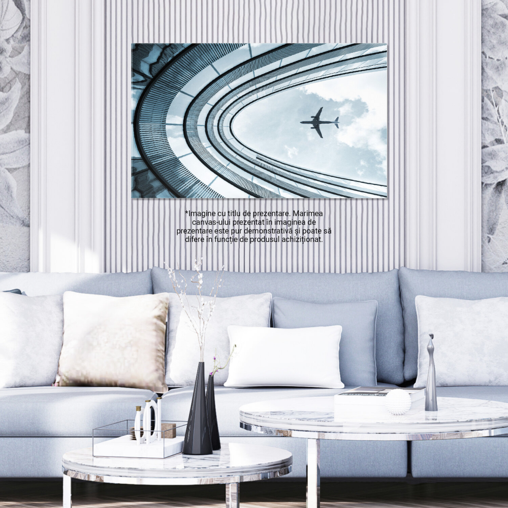 Clădire Modernă cu Avion Aterizând: Fuzionarea Arhitecturii și Călătoriei, Marime 40x25CM [3]