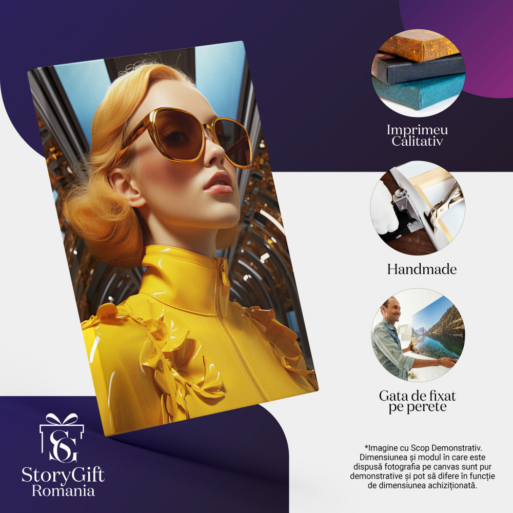 Close-up Portret Femeie Blondă în Haute Couture cu Cercei și Ochelari - Pictură Digitală, Marime 40x25CM [2]