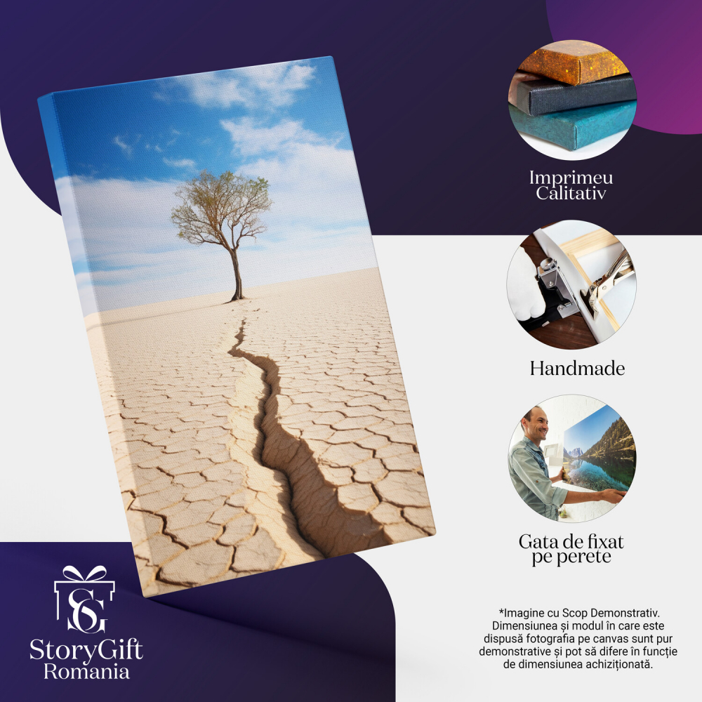 Tablou Canvas Copac în Mijlocul Pustiului | Pictură Digitală cu Pământ Uscat de la Secetă, Marime 40x25CM [2]