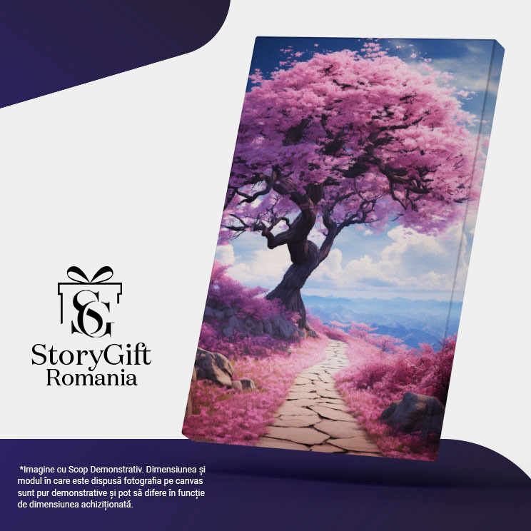 Tablou Canvas:  Copac și Potecă cu Flori Roz- Natură și Peisaj Pictura Digitala 40x25CM [5]