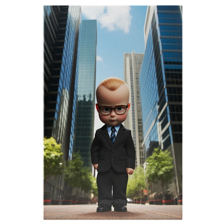 Tablou Canvas:  Copilas cu Ochelari de Vedere Inconjurat de Cladiri Inalte si Ochi Fermecatori cu Par Blond Pictura Digitala 40x25CM [1]