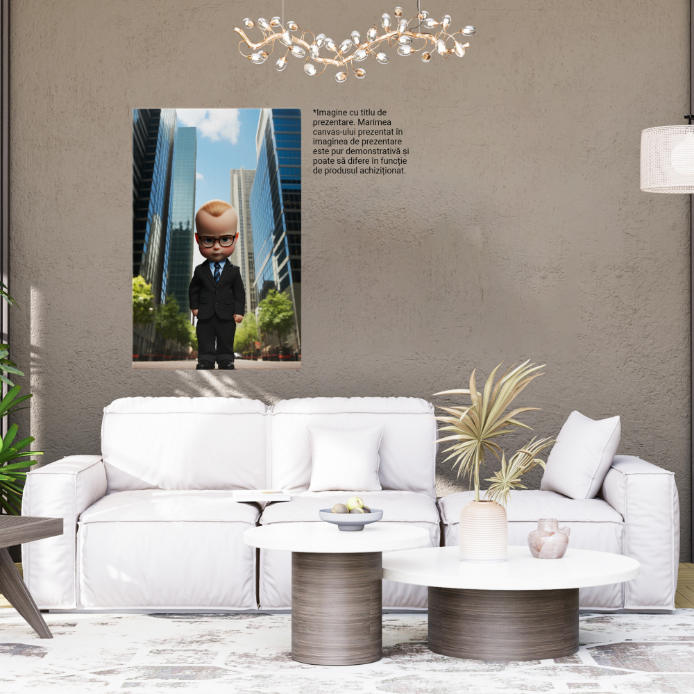 Tablou Canvas:  Copilas cu Ochelari de Vedere Inconjurat de Cladiri Inalte si Ochi Fermecatori cu Par Blond Pictura Digitala 40x25CM [4]