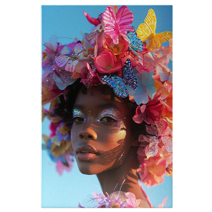 Tablou Canvas  Coronita din Fluturasi Colorati pe Capul Femeii din Africa cu Fard Sclipitor la Ochi si Buze Mari , Pictura Digitala 40x25CM [1]