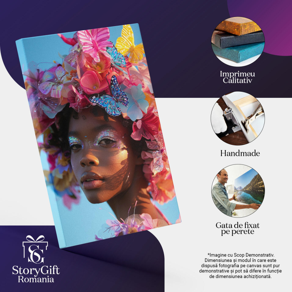 Tablou Canvas  Coronita din Fluturasi Colorati pe Capul Femeii din Africa cu Fard Sclipitor la Ochi si Buze Mari , Pictura Digitala 40x25CM [3]