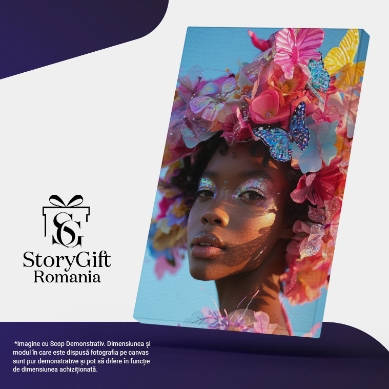 Tablou Canvas  Coronita din Fluturasi Colorati pe Capul Femeii din Africa cu Fard Sclipitor la Ochi si Buze Mari , Pictura Digitala 40x25CM [5]