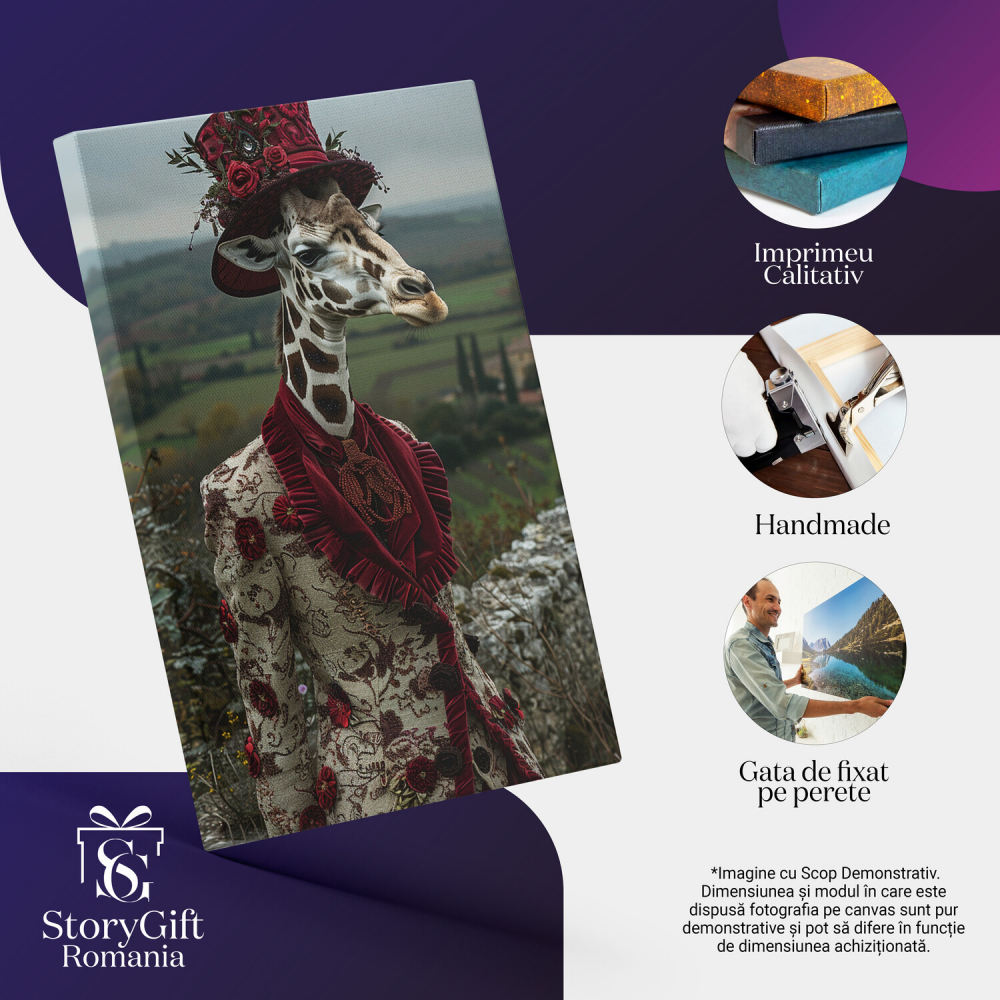 Tablou Canvas Girafă în Costum Elegant cu Catifea și Flori, Marime 40x25CM [2]