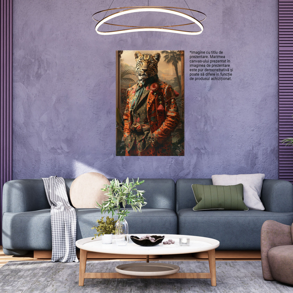 Tablou Canvas Leopard cu Costum Roșu și Plante Exotice, Marime 40x25CM [3]