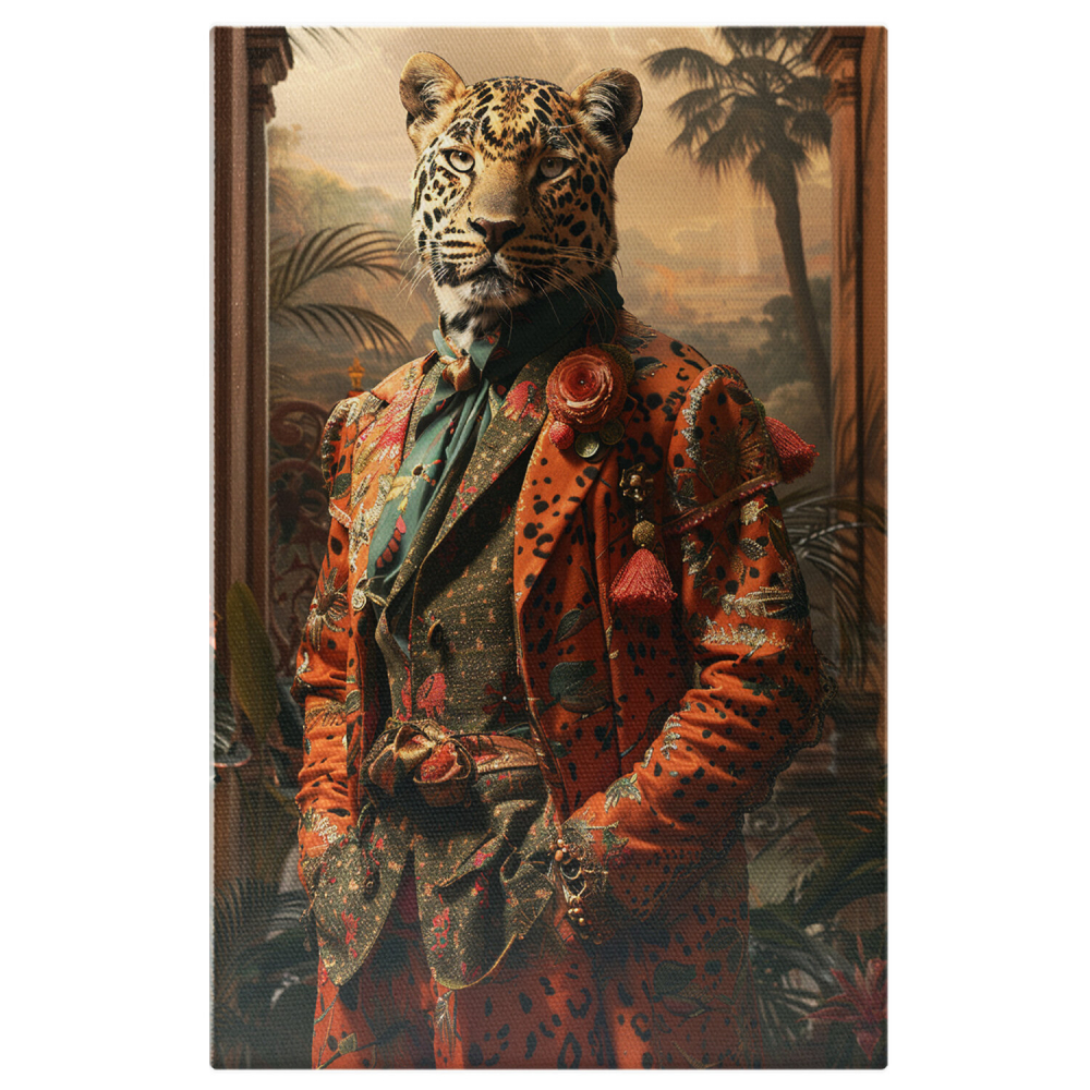 Tablou Canvas Leopard cu Costum Roșu și Plante Exotice, Marime 40x25CM [1]