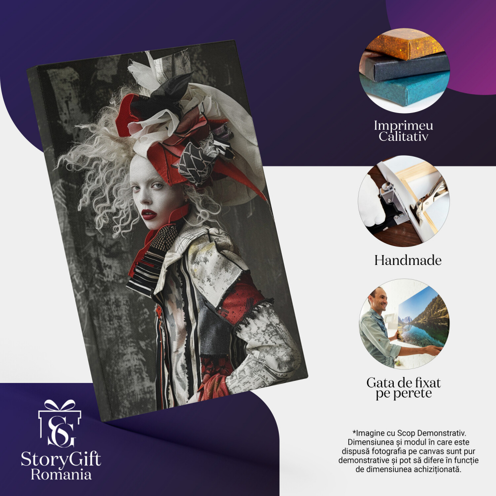 Tablou Canvas - Costum Mad Hatter Alb și Roșu cu Detalii Negre pe Fundal de Beton Învechit, Marime 40x25CM [2]