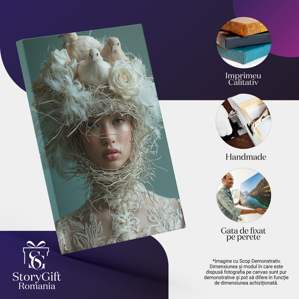 Crenguțele ce Împletesc Cuibul Păsărilor Albe - Tablou Canvas cu Fata și Ochi Lini, Marime 40x25CM [2]