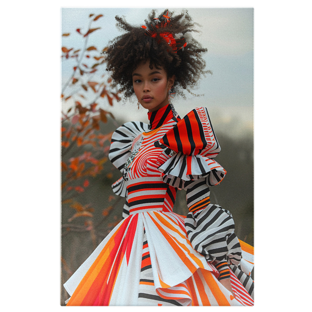 Creolă cu Păr Brunet Cret în Rochie Colorată cu Dungi - Privire Senină, Marime 40x25CM [1]