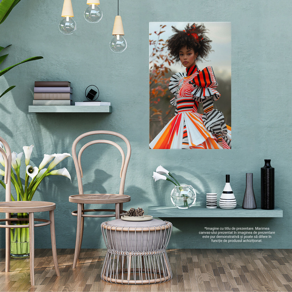 Creolă cu Păr Brunet Cret în Rochie Colorată cu Dungi - Privire Senină, Marime 40x25CM [3]