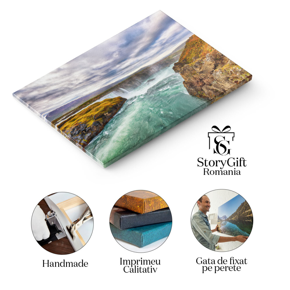 Tablou canvas cu apa, rau, cascada, cer, nori, munti, pietre, multicolor 40x25CM [2]