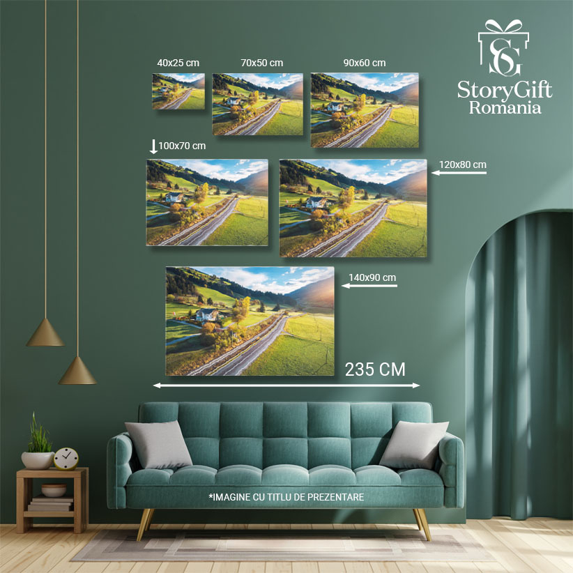 Tablou canvas cu apus de soare, casa, cale ferata, munti, padure, multicolor 40x25CM [5]