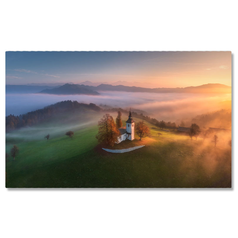 Tablou canvas cu apus de soare, deal, biserica, ceata, nori, multicolor 40x25CM [1]