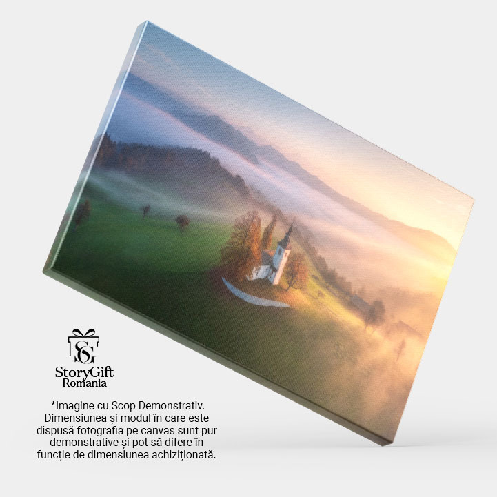 Tablou canvas cu apus de soare, deal, biserica, ceata, nori, multicolor 40x25CM [4]