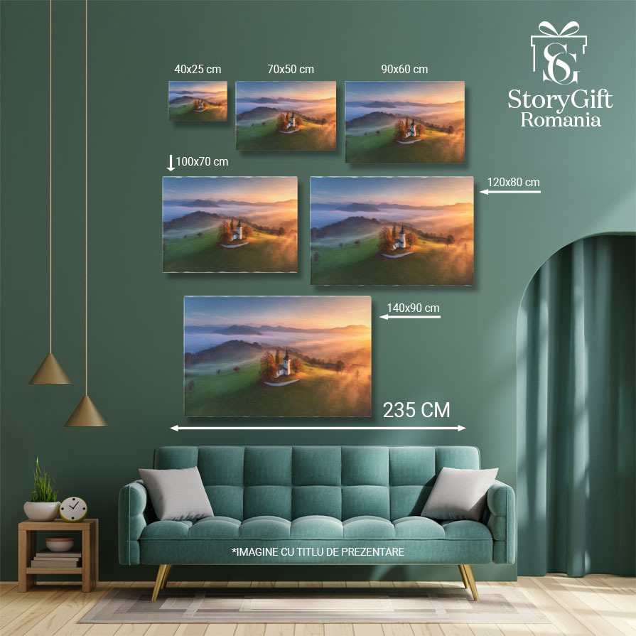 Tablou canvas cu apus de soare, deal, biserica, ceata, nori, multicolor 40x25CM [5]