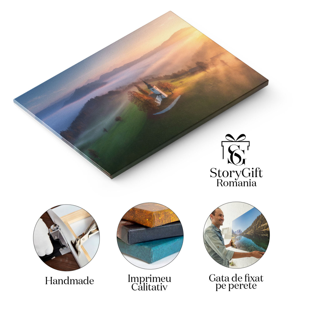 Tablou canvas cu apus de soare, deal, biserica, ceata, nori, multicolor 40x25CM [2]