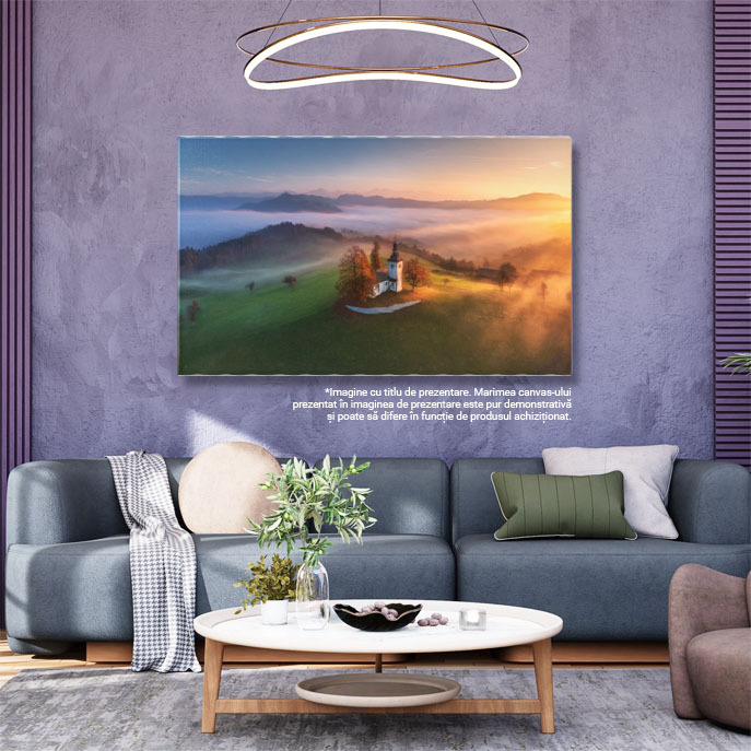 Tablou canvas cu apus de soare, deal, biserica, ceata, nori, multicolor 40x25CM [3]