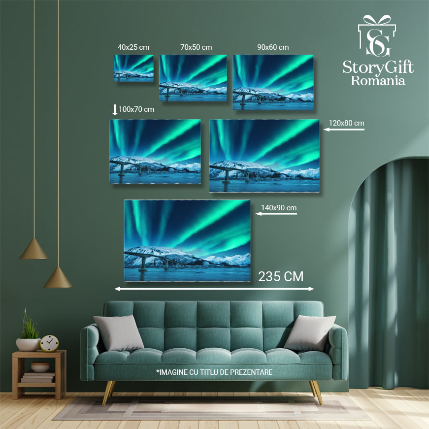 Tablou canvas cu aurora boreala, lac, pod, stele, noapte, zapada, multicolor 40x25CM [5]