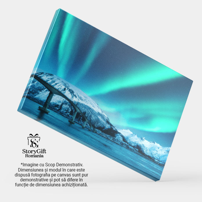 Tablou canvas cu aurora boreala, lac, pod, stele, noapte, zapada, multicolor 40x25CM [4]