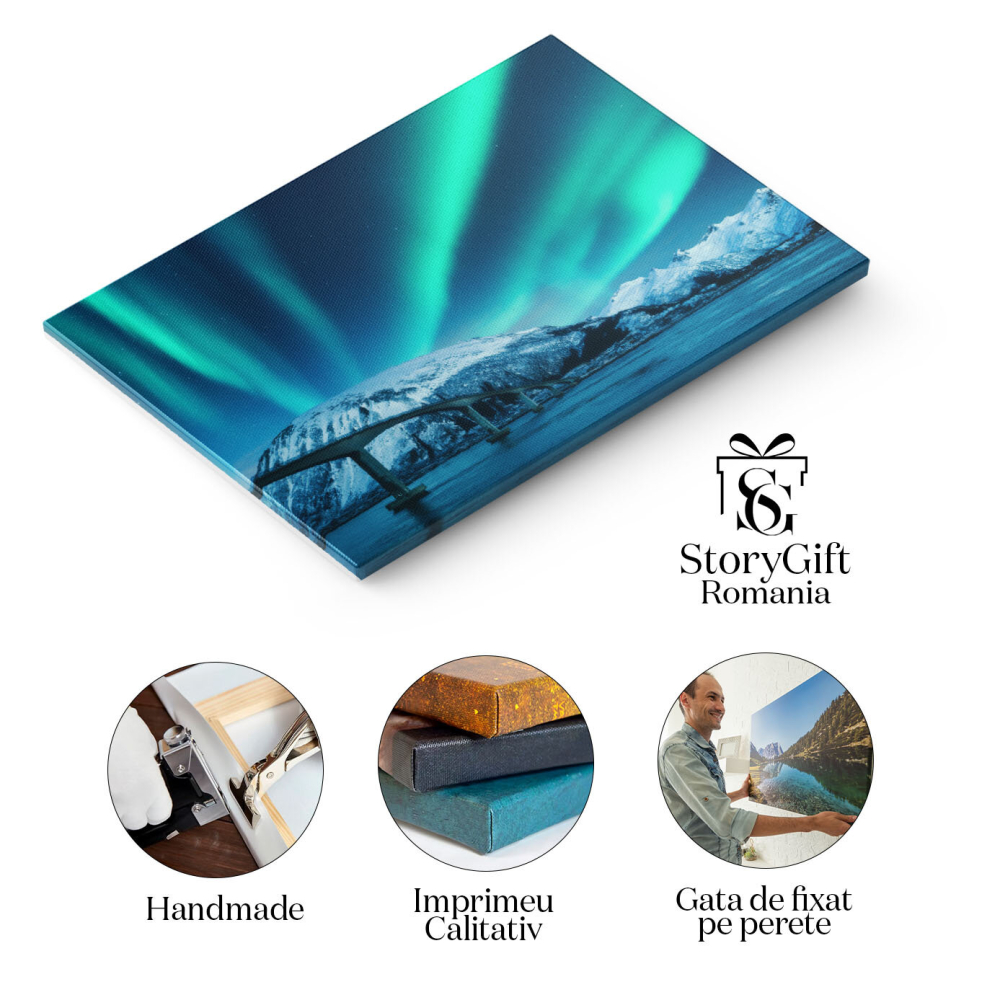 Tablou canvas cu aurora boreala, lac, pod, stele, noapte, zapada, multicolor 40x25CM [2]