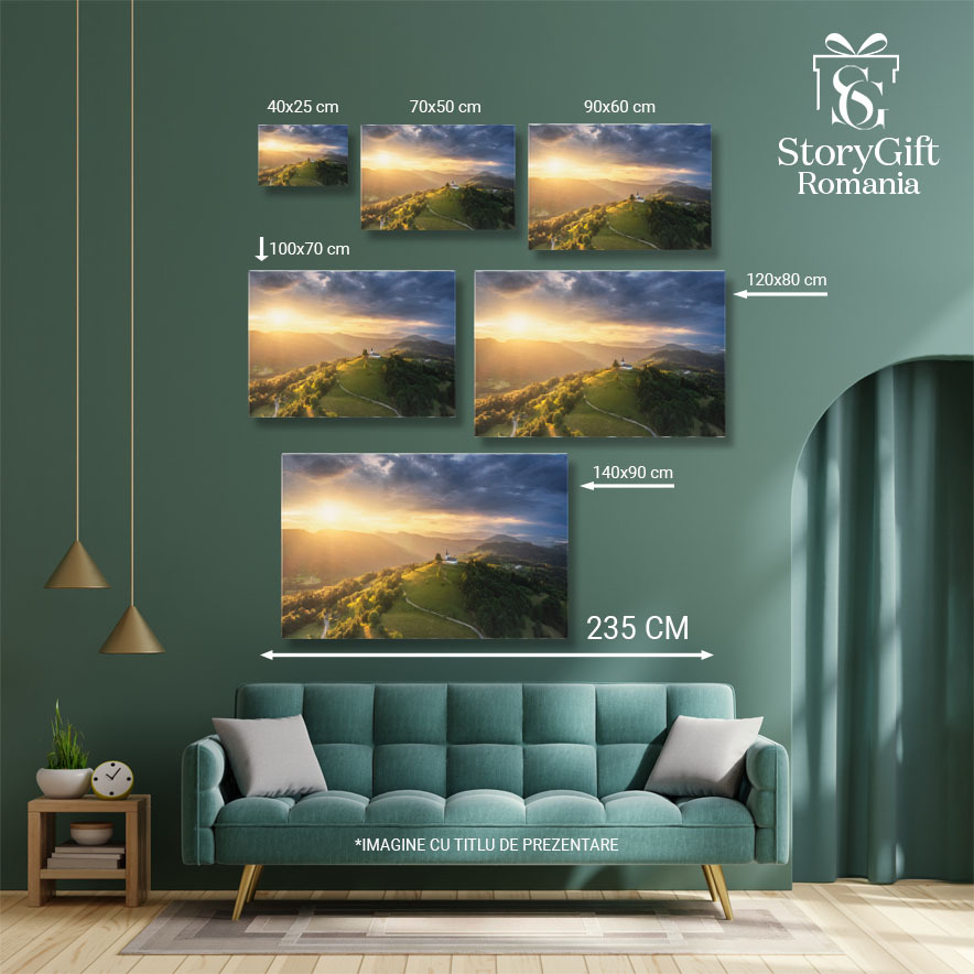 Tablou canvas cu biserica, deal, padure, munti, apus, soare, multicolor 40x25CM [5]