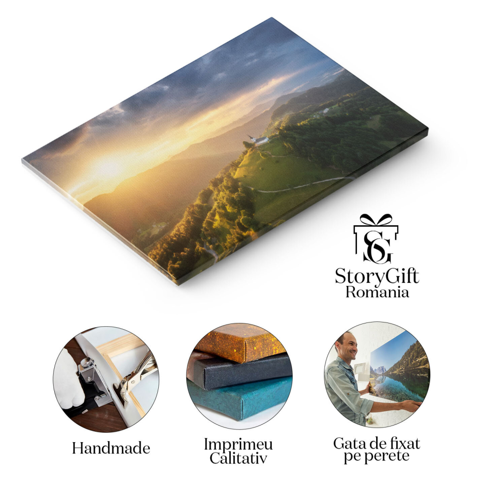 Tablou canvas cu biserica, deal, padure, munti, apus, soare, multicolor 40x25CM [2]