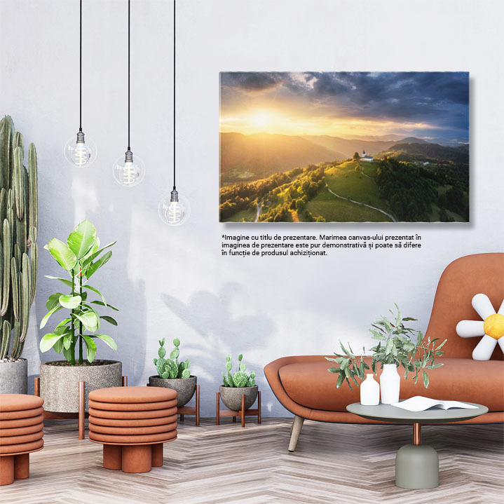 Tablou canvas cu biserica, deal, padure, munti, apus, soare, multicolor 40x25CM [3]
