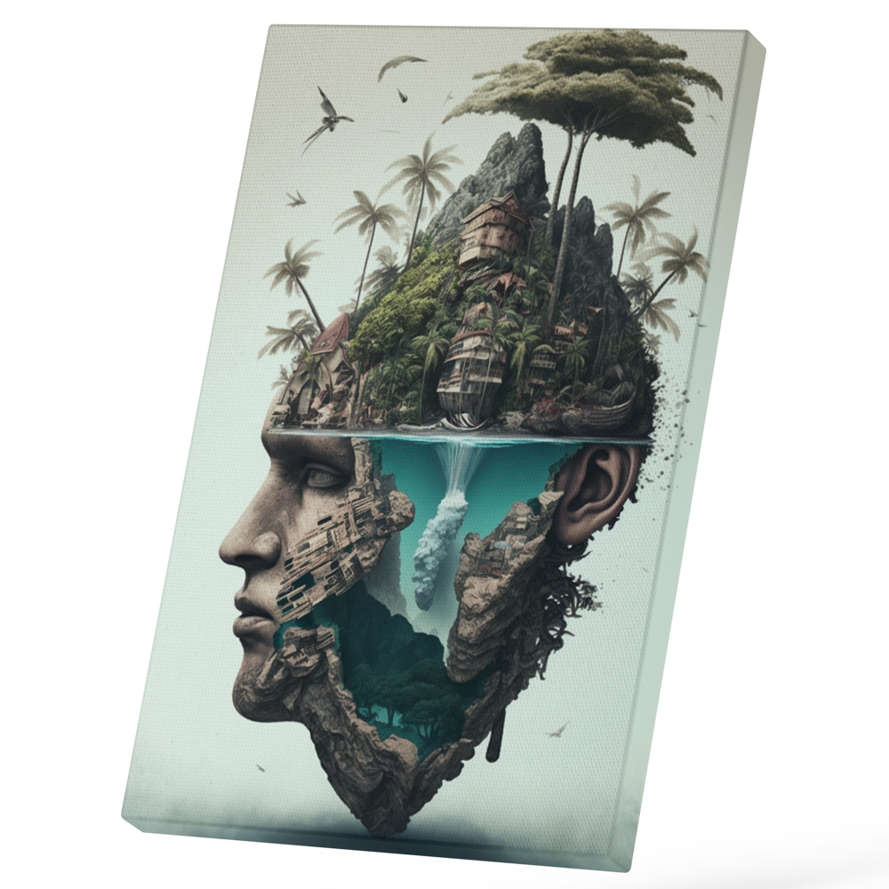 Tablou Canvas Cu Insula Plutitoare, Chip Masculin, Zona Tropicala, Stanca Inalat, Iubitorii De Filme SF, 25x40 cm, Multicolor [1]