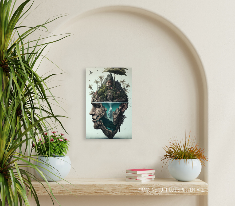 Tablou Canvas Cu Insula Plutitoare, Chip Masculin, Zona Tropicala, Stanca Inalat, Iubitorii De Filme SF, 25x40 cm, Multicolor [2]