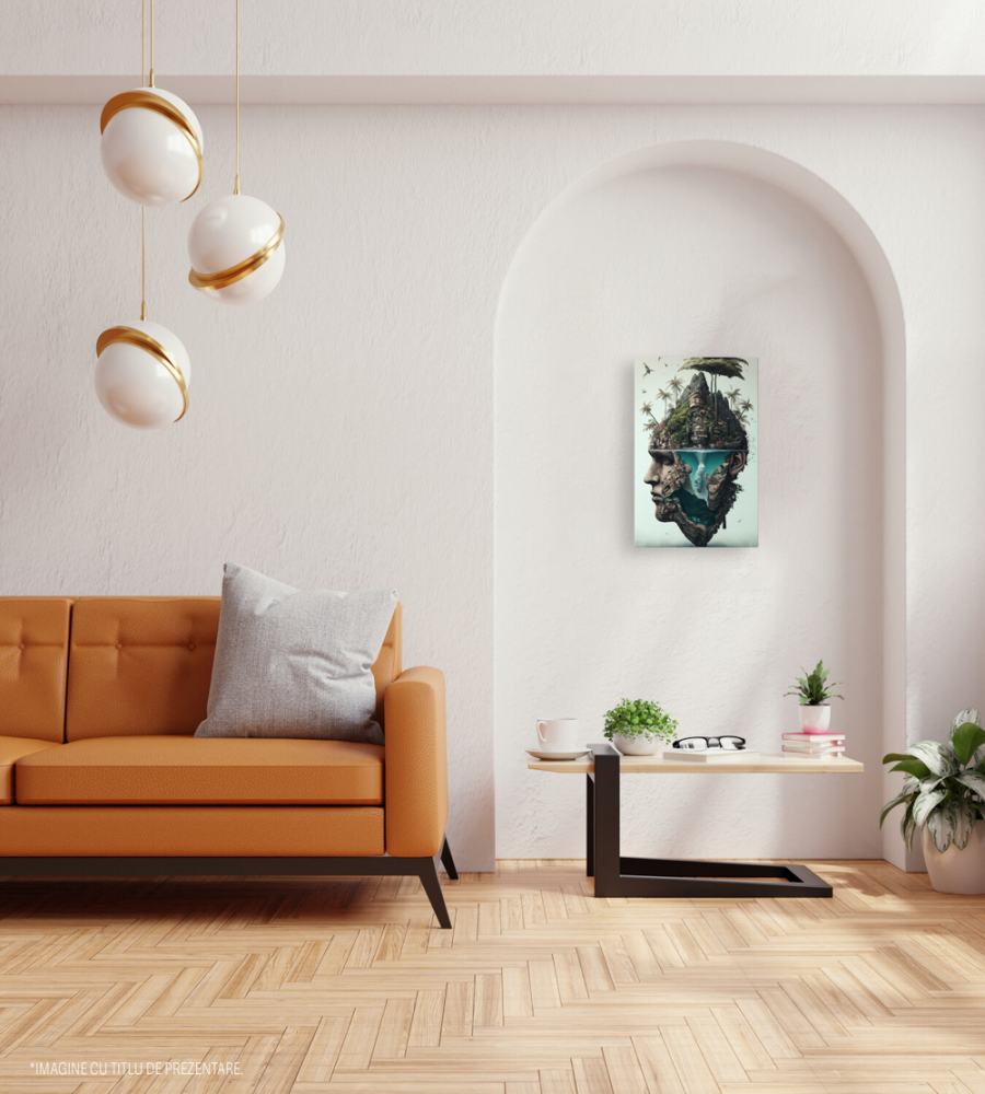 Tablou Canvas Cu Insula Plutitoare, Chip Masculin, Zona Tropicala, Stanca Inalat, Iubitorii De Filme SF, 25x40 cm, Multicolor [3]