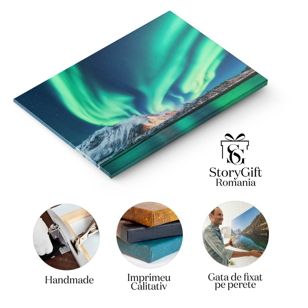 Tablou Canvas Aurore Boreale peste Norvegia – Luminile Nordului Verzi, Marime 40x25CM [2]