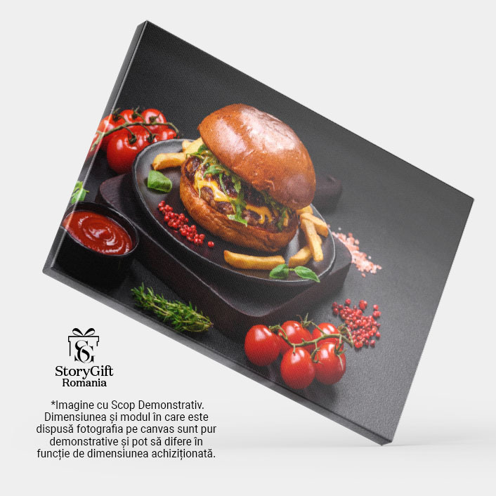 Tablou Canvas cu mancare, burger, rosii, rozmarin, cartofi, 40x25cm [4]