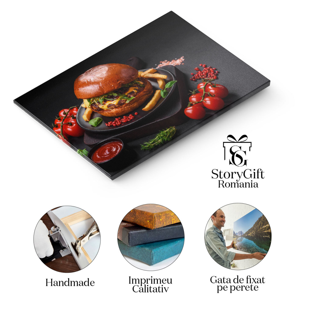 Tablou Canvas cu mancare, burger, rosii, rozmarin, cartofi, 40x25cm [2]