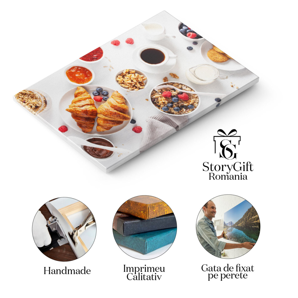 Tablou Canvas cu Mic Dejun Continental - Croissant, Cafea si Fructe de Padure 40x25CM [2]