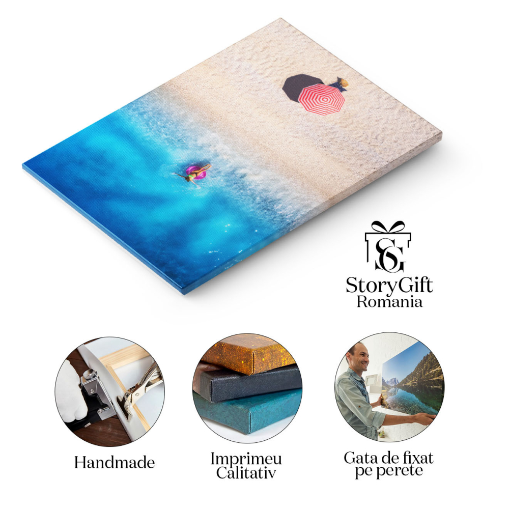 Tablou canvas cu ocean, plaja, umbrela, colac, costum de baie, multicolor 40x25CM [2]