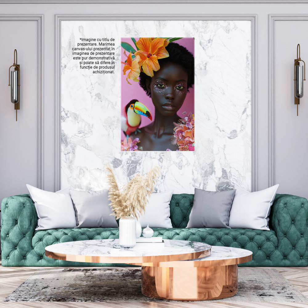 Tablou Canvas Femeie cu Păr Scurt și Papagal – Pictură Digitală Colorată, Marime 40x25CM [3]