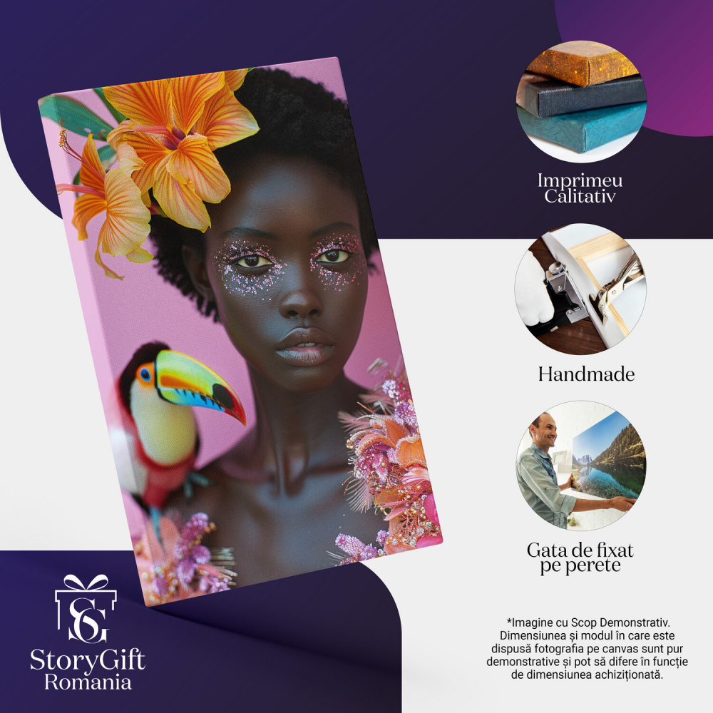 Tablou Canvas Femeie cu Păr Scurt și Papagal – Pictură Digitală Colorată, Marime 40x25CM [2]