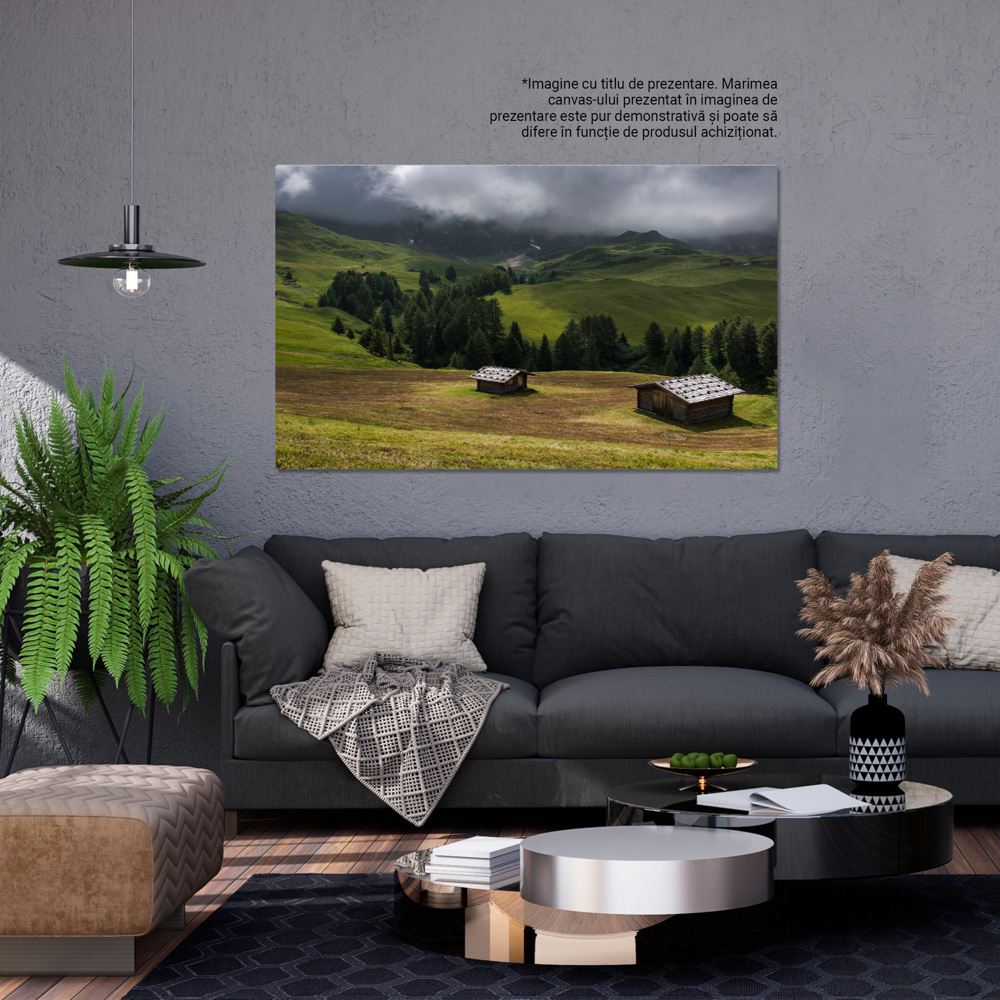 Tablou canvas cu peisaj, cabane, padure, nori, dealuri, ceata, multicolor 40x25 [3]
