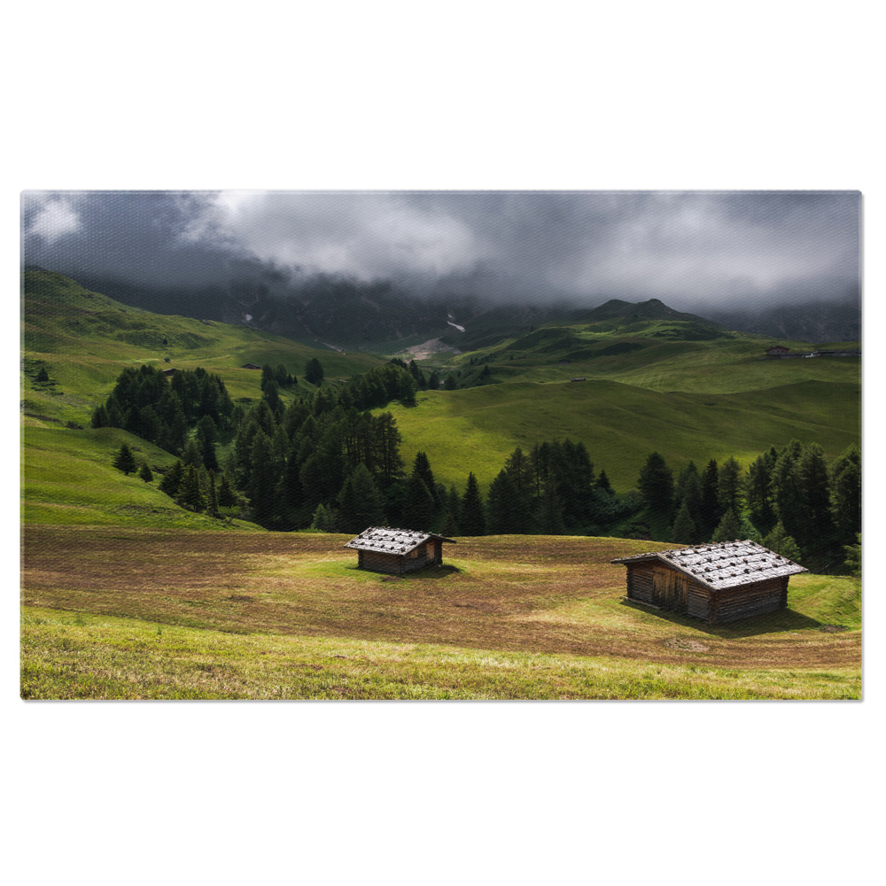 Tablou canvas cu peisaj, cabane, padure, nori, dealuri, ceata, multicolor 40x25 [1]