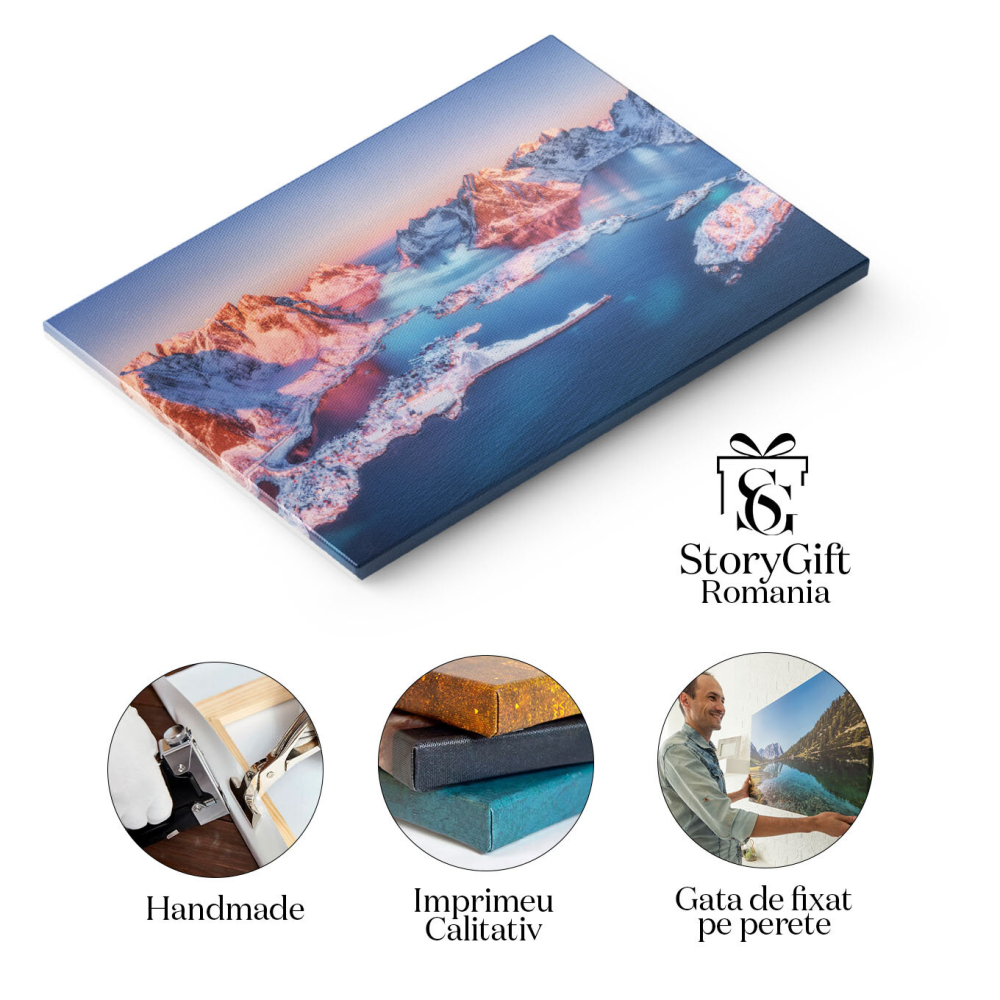 Tablou canvas cu peisaj, iarna, munti, apus de soare, oras, zapada, multicolor 40x25CM [2]