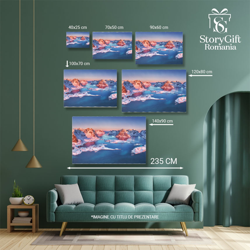 Tablou canvas cu peisaj, iarna, munti, apus de soare, oras, zapada, multicolor 40x25CM [5]