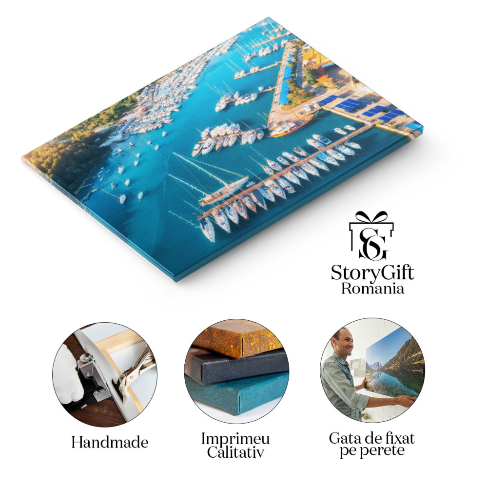 Tablou canvas cu peisaj, port, barci, apa albastra, padure, apus, multicolor 40x25CM [2]