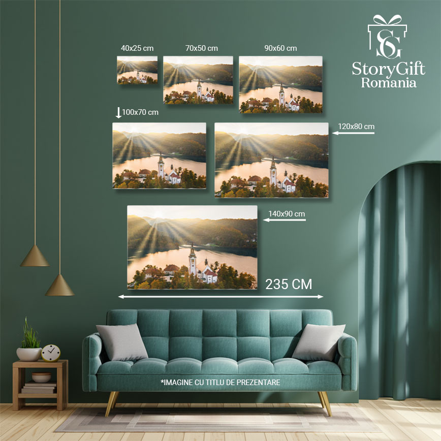 Tablou canvas cu peisaj, raze de soare, lac, cladiri, padure, multicolor 40x25CM [5]