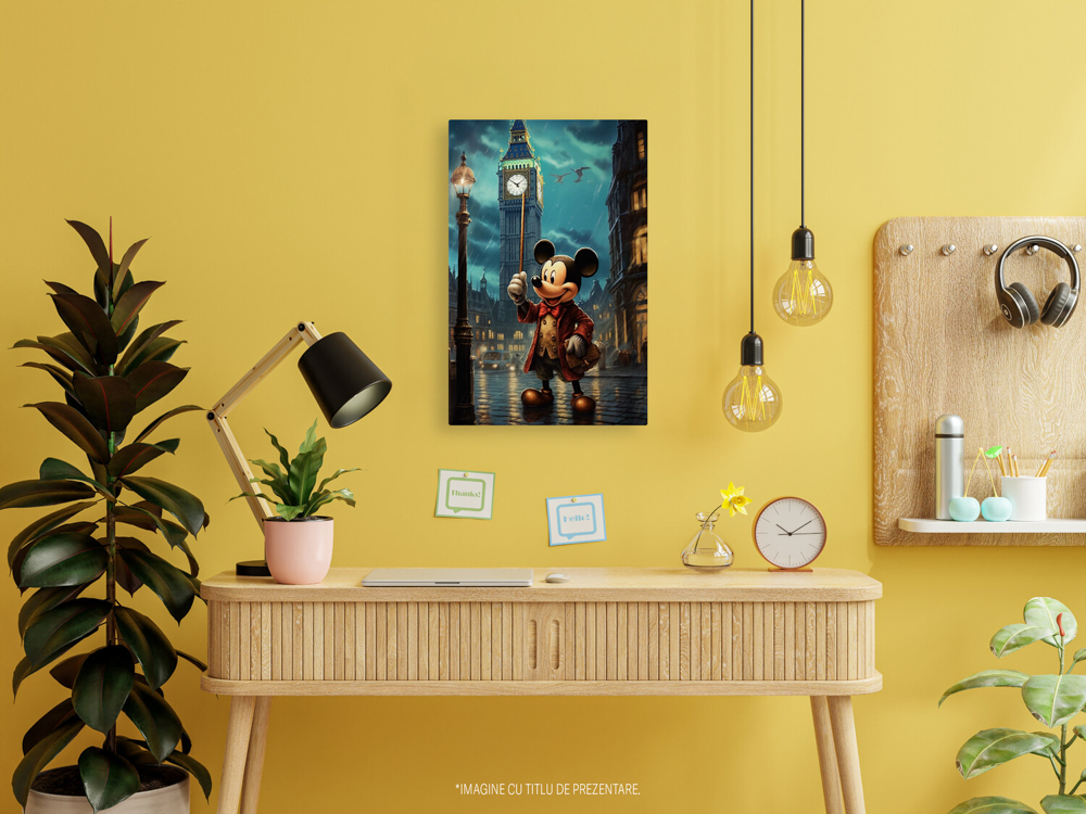 Tablou Canvas Cu Personaj Mickey Mouse Full Body In Londra Timp Ploios, Turnul Londrei, Zambet Larg, papion Rosu, Soricel, Iubitorii De Desene Animate, 25x40 cm, Multicolor [3]