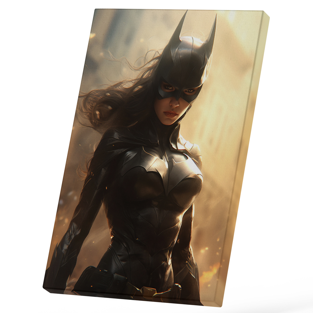 Tablou Canvas Cu Portret Femeie Batman, Fundal Razele Soarelui, In Costum De Piele, Masca Emblematica, Super Erou, Iubitorii De Filme Marvel 25x40 cm, Multicolor [1]