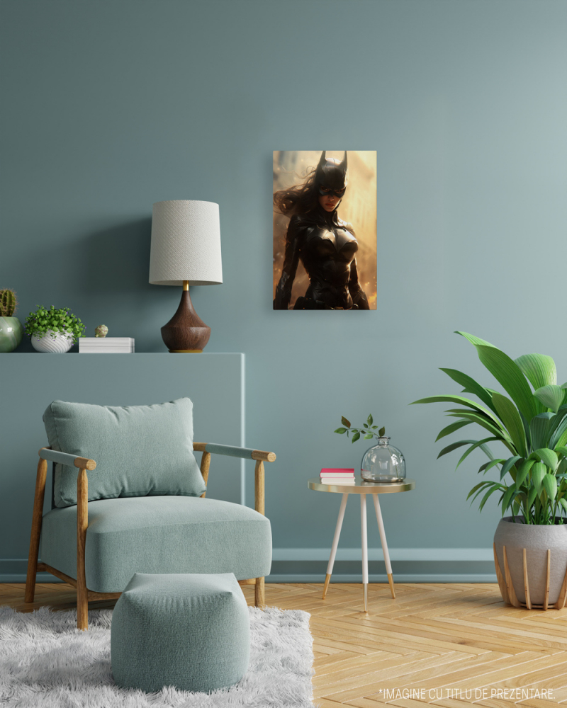 Tablou Canvas Cu Portret Femeie Batman, Fundal Razele Soarelui, In Costum De Piele, Masca Emblematica, Super Erou, Iubitorii De Filme Marvel 25x40 cm, Multicolor [2]